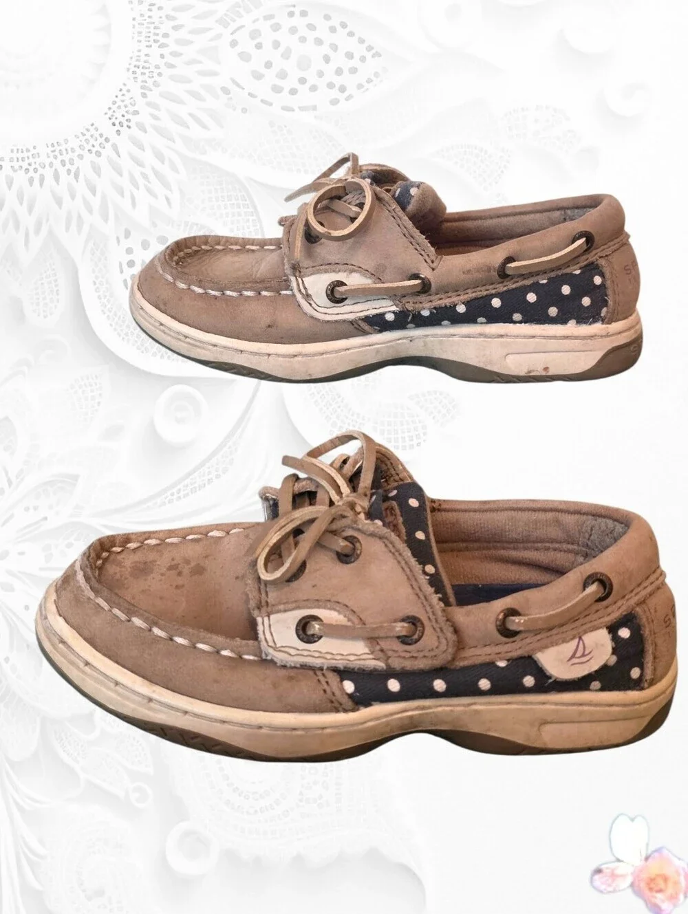 Sperry Bluefish Jr Boat Shoes Taupe Navy Polka Dot Toddler Girls 10M